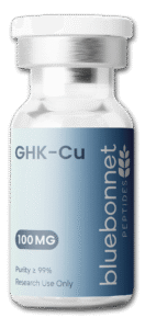 Bluebonnet Peptides research-grade peptide vial with ≥99% purity label