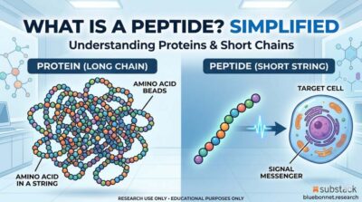 What are peptides — illustrated guide showing amino acid chain and peptide structure for researchers