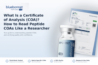 Certificate of analysis COA document showing HPLC results and lab accreditation for research peptides