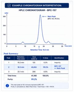 Sample certificate of analysis for BPC-157 research peptide showing purity results and lab verification