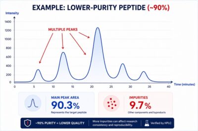 Research peptide vial showing 99% purity — HPLC tested and third-party verified