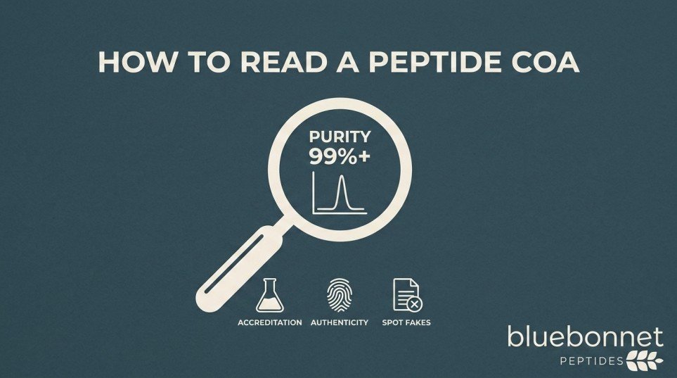 Certificate of analysis peptides — complete COA guide showing HPLC chromatogram and lab accreditation sections