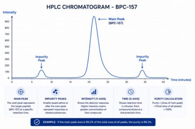 HPLC chromatogram diagram explaining peptide purity percentage measurement for research peptides