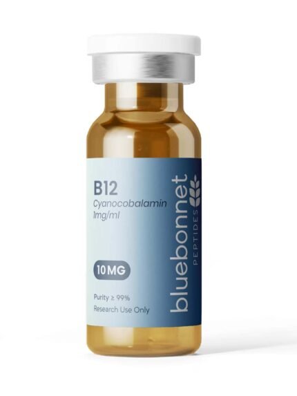 B12 Cyanocobalamin 10mg research compound vial — third-party tested, 99% purity by Bluebonnet Peptides