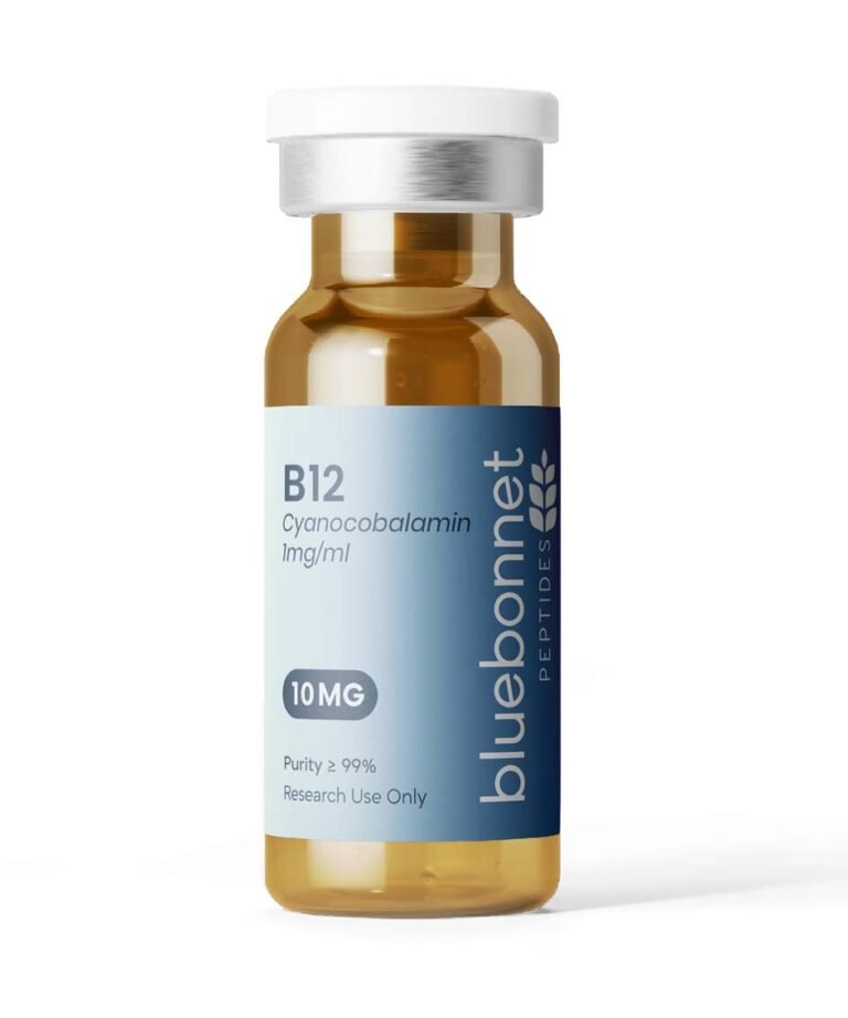 B12 Cyanocobalamin 10mg research compound vial — third-party tested, 99% purity by Bluebonnet Peptides