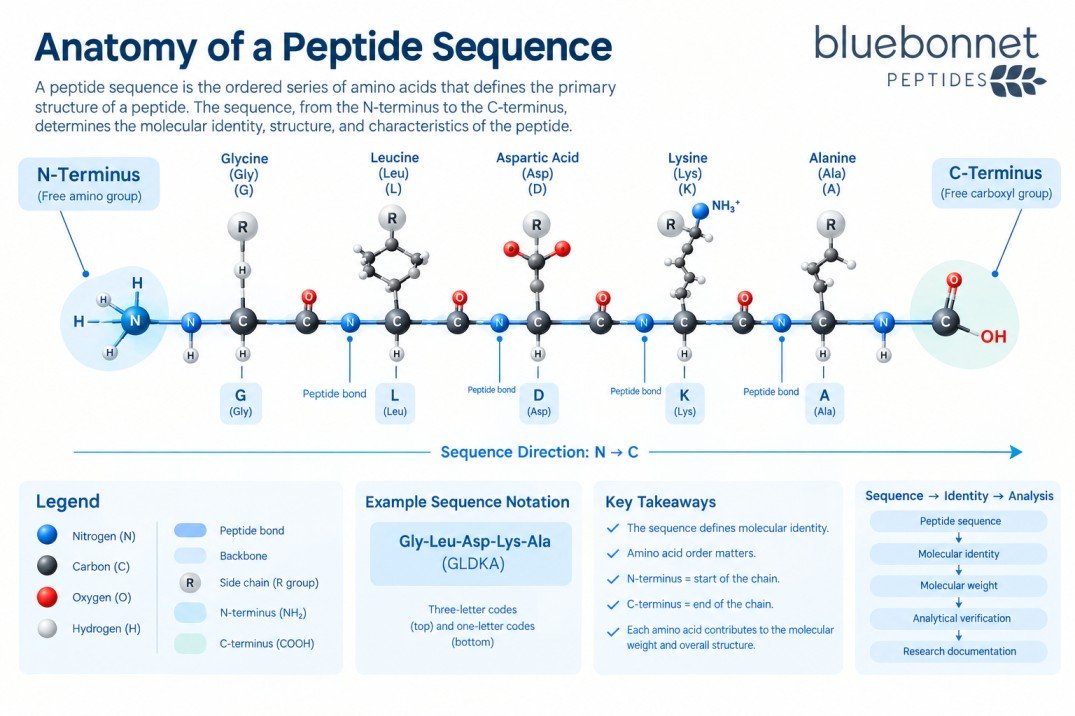 Infographic showing the chemical structure and anatomy of a peptide sequence from N-terminus to C-terminus, highlighting peptide bonds and amino acid side chains.