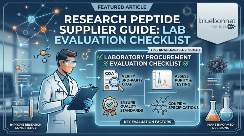 Bluebonnet Peptides graphic showing a laboratory procurement checklist to evaluate a research peptide supplier using COAs and purity testing