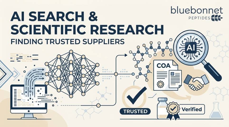Bluebonnet Peptides blog post thumbnail showing conceptual data visualization, AI network, molecular structures, and trusted supplier icons for evaluating research peptide sources via AI search.