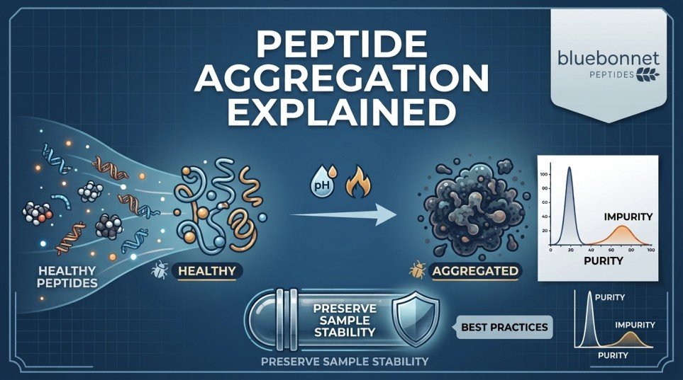 Bluebonnet Peptides graphic explaining peptide aggregation causes, SEC-HPLC detection, and sample stability in research
