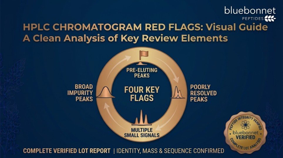 Bluebonnet Peptides visual guide illustrating HPLC chromatogram red flags and key review elements.