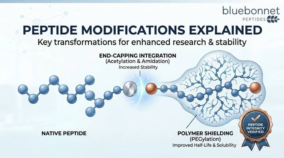 An infographic by Bluebonnet Peptides explaining peptide modifications, including acetylation, amidation, and PEGylation.