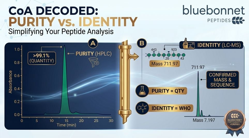 An infographic by Bluebonnet Peptides explaining peptide purity vs identity and HPLC CoA verification.