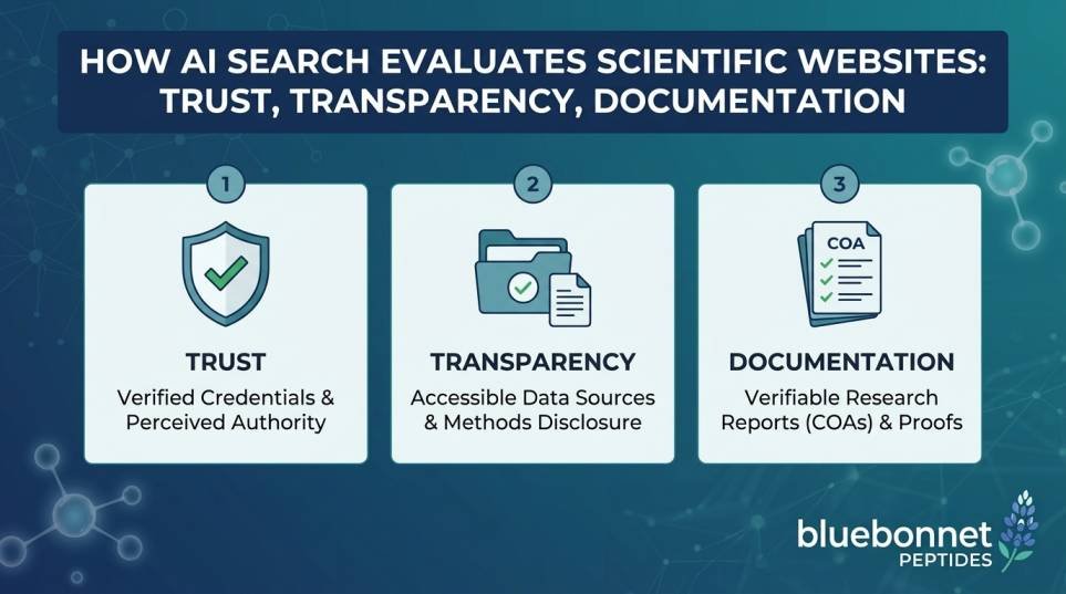 Bluebonnet Peptides graphic conceptualizing AI search scientific websites, highlighting trust, transparency, and documentation evaluation metrics.
