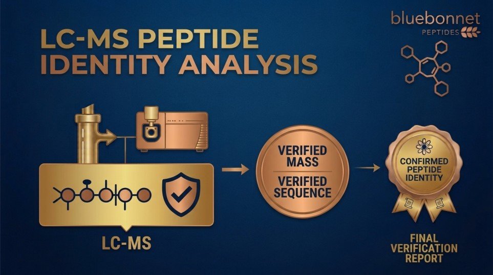 Bluebonnet Peptides infographic explaining LC-MS peptide analysis and molecular mass verification.