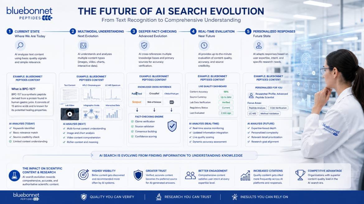 An infographic by Bluebonnet Peptides outlining the future evolution of AI search from text recognition to comprehensive understanding.